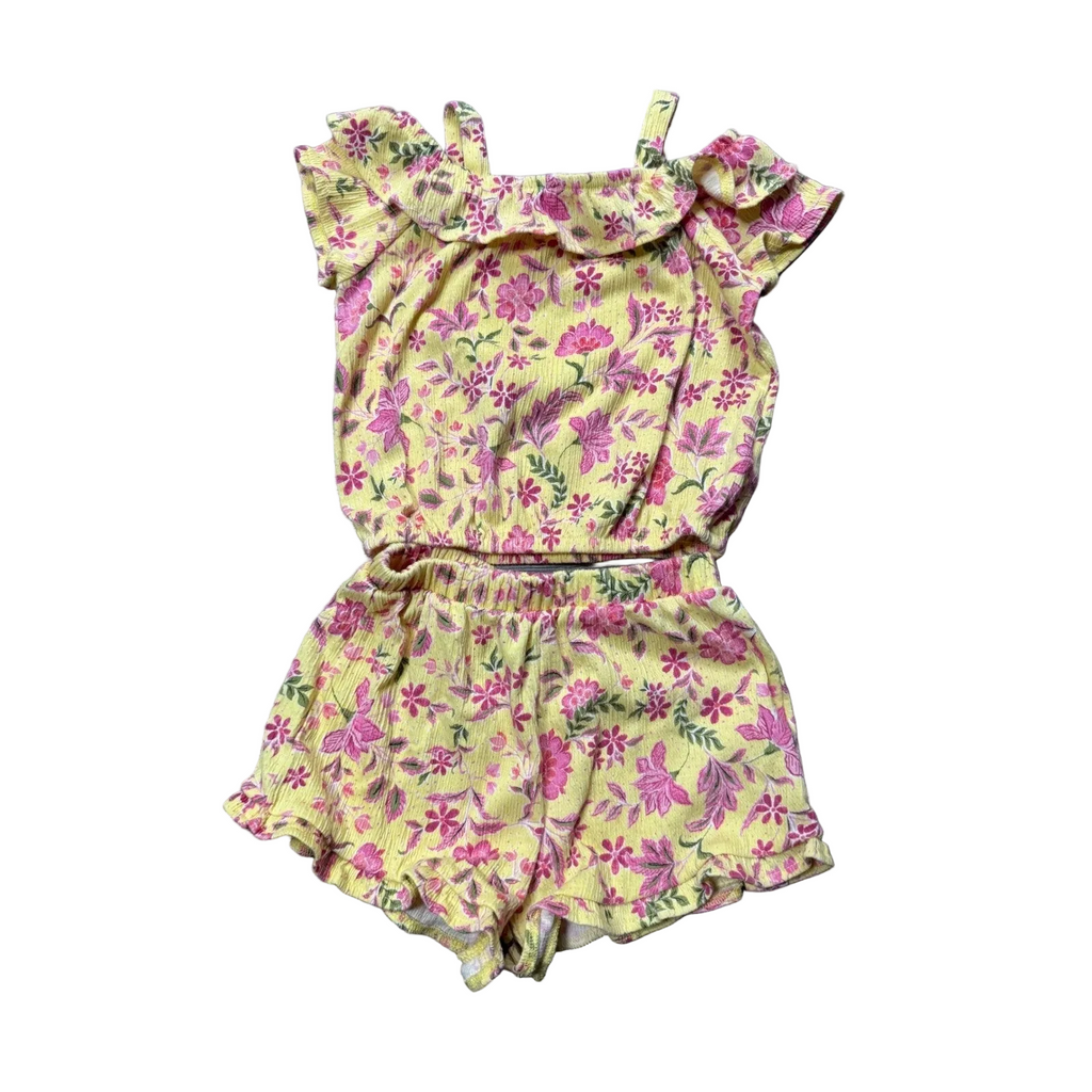 EUC Old Navy Girls 3T Yellow Pink Floral Ribbed Ruffle Top and Shorts 2 Piece Set