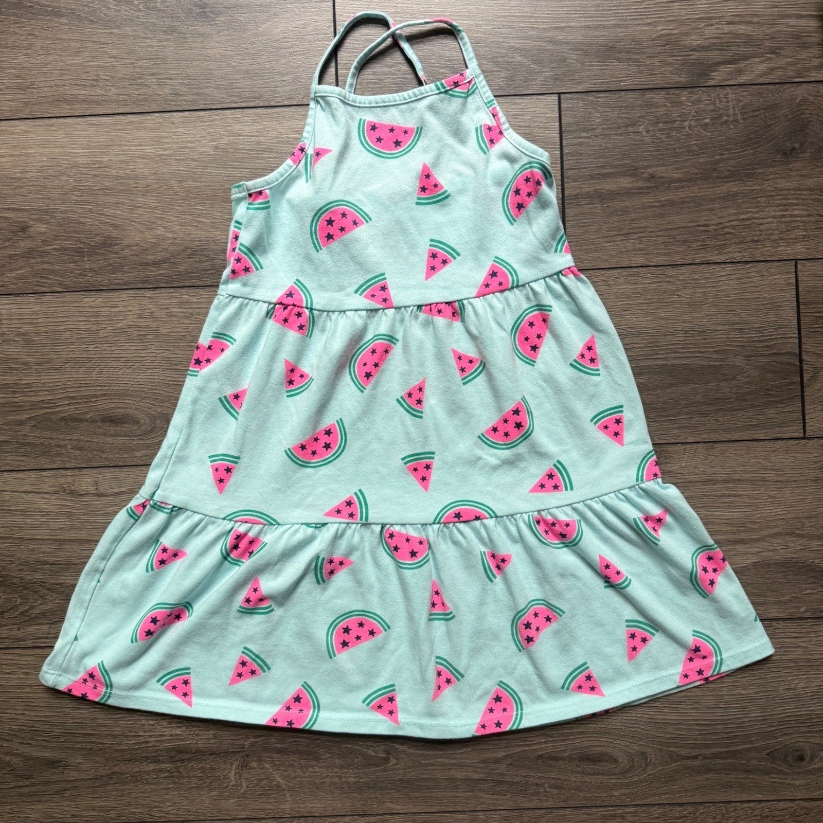 EUC Cat & Jack Girls Mint Watermelon Print Tiered Sundress Size M 8 Summer Fruit