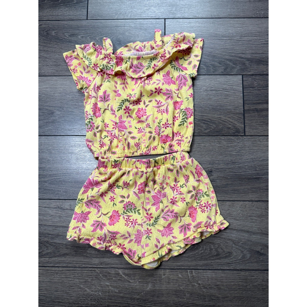 EUC Old Navy Girls 3T Yellow Pink Floral Ribbed Ruffle Top and Shorts 2 Piece Set